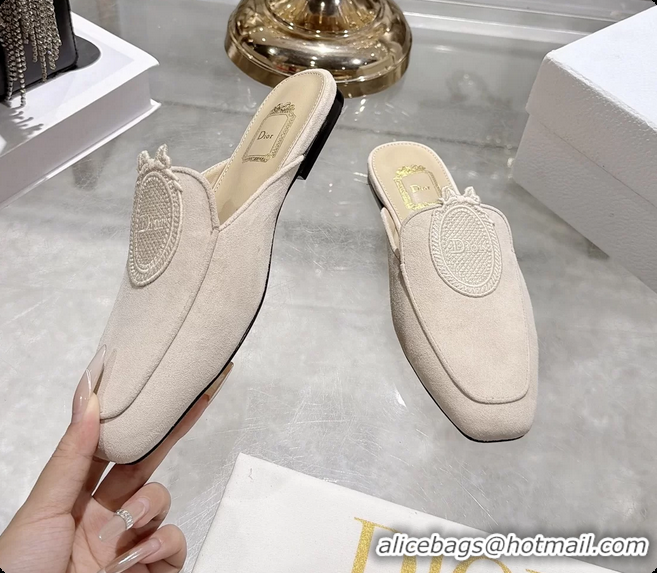 Dior Medaillon Flat Mules Light Beige Suede Leather 6070208