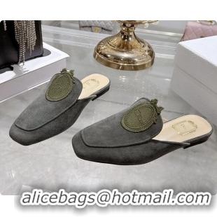 Good Quality Dior Medaillon Flat Mules Dark Green Suede Leather 6070208
