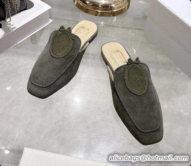 Good Quality Dior Medaillon Flat Mules Dark Green Suede Leather 6070208