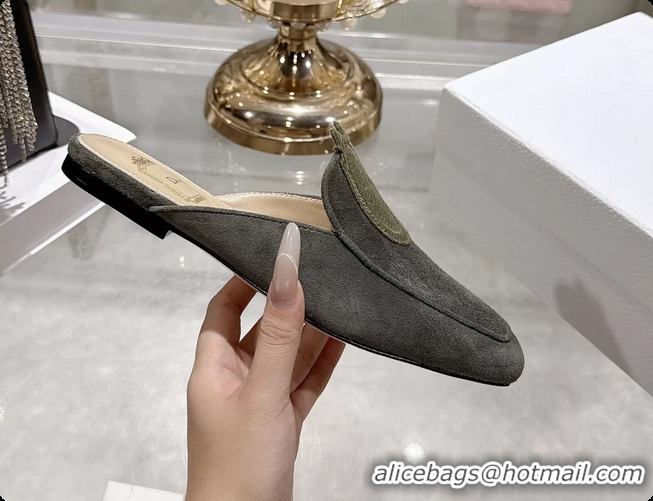 Good Quality Dior Medaillon Flat Mules Dark Green Suede Leather 6070208
