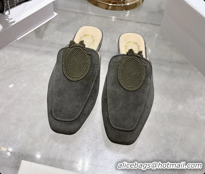 Good Quality Dior Medaillon Flat Mules Dark Green Suede Leather 6070208