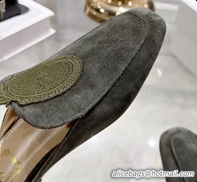 Good Quality Dior Medaillon Flat Mules Dark Green Suede Leather 6070208
