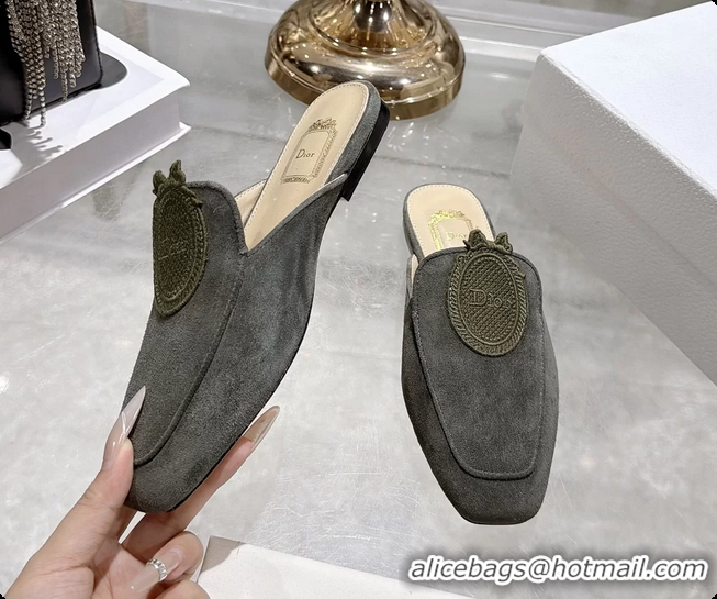 Good Quality Dior Medaillon Flat Mules Dark Green Suede Leather 6070208
