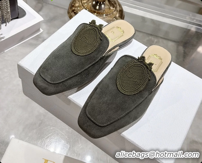 Good Quality Dior Medaillon Flat Mules Dark Green Suede Leather 6070208