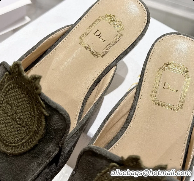 Good Quality Dior Medaillon Flat Mules Dark Green Suede Leather 6070208