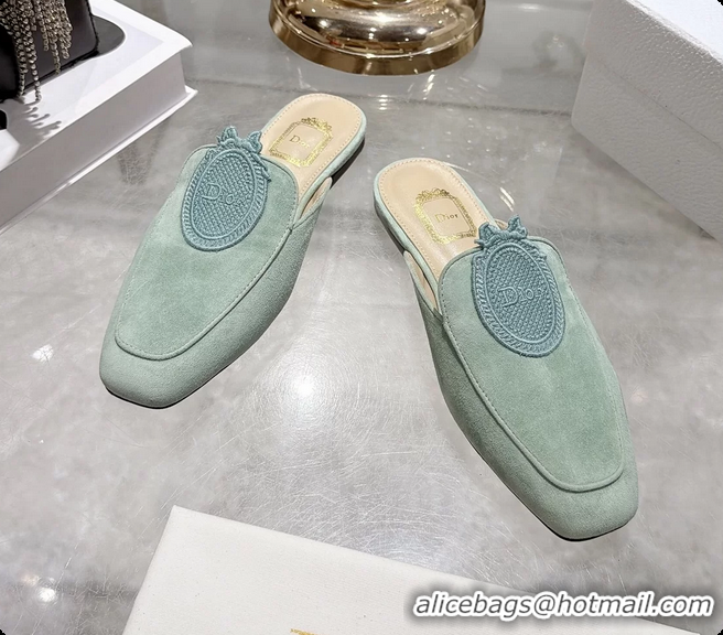 Best Price Dior Medaillon Flat Mules Light Green Suede Leather 6070208