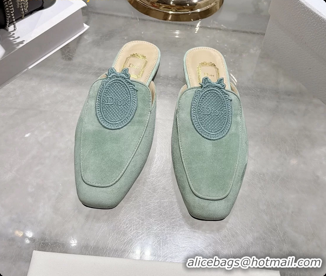 Best Price Dior Medaillon Flat Mules Light Green Suede Leather 6070208