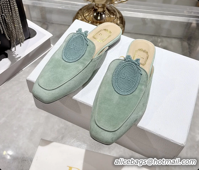 Best Price Dior Medaillon Flat Mules Light Green Suede Leather 6070208