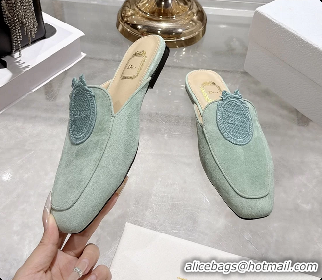 Best Price Dior Medaillon Flat Mules Light Green Suede Leather 6070208