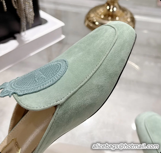 Best Price Dior Medaillon Flat Mules Light Green Suede Leather 6070208
