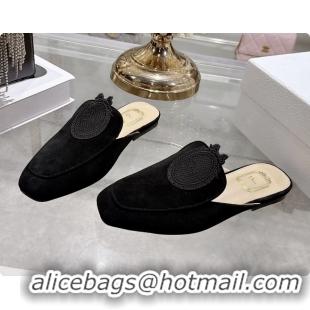Low Price Dior Medaillon Flat Mules Black Suede Leather 6070208