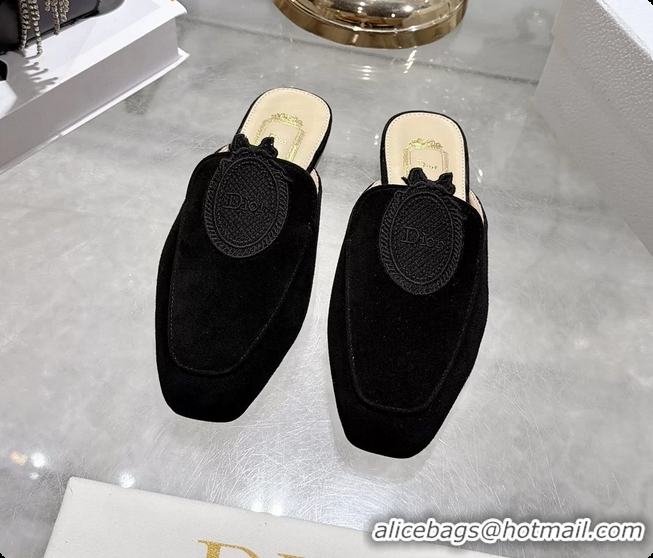 Low Price Dior Medaillon Flat Mules Black Suede Leather 6070208