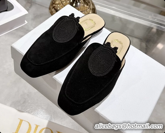 Low Price Dior Medaillon Flat Mules Black Suede Leather 6070208