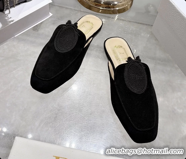 Low Price Dior Medaillon Flat Mules Black Suede Leather 6070208