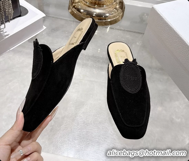 Low Price Dior Medaillon Flat Mules Black Suede Leather 6070208