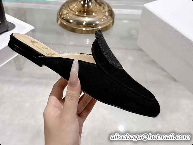 Low Price Dior Medaillon Flat Mules Black Suede Leather 6070208