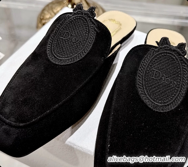 Low Price Dior Medaillon Flat Mules Black Suede Leather 6070208