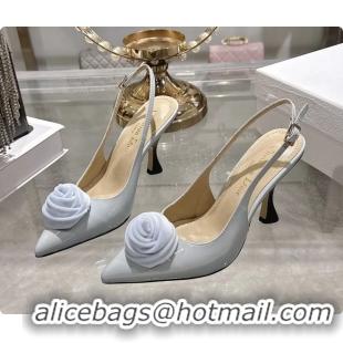 Pretty Style Dior Jadior Rose Flower Slingback Pumps Light Blue Patent Leather 95MM 6070209
