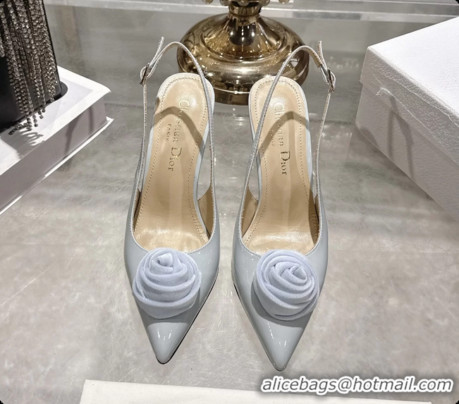 Pretty Style Dior Jadior Rose Flower Slingback Pumps Light Blue Patent Leather 95MM 6070209