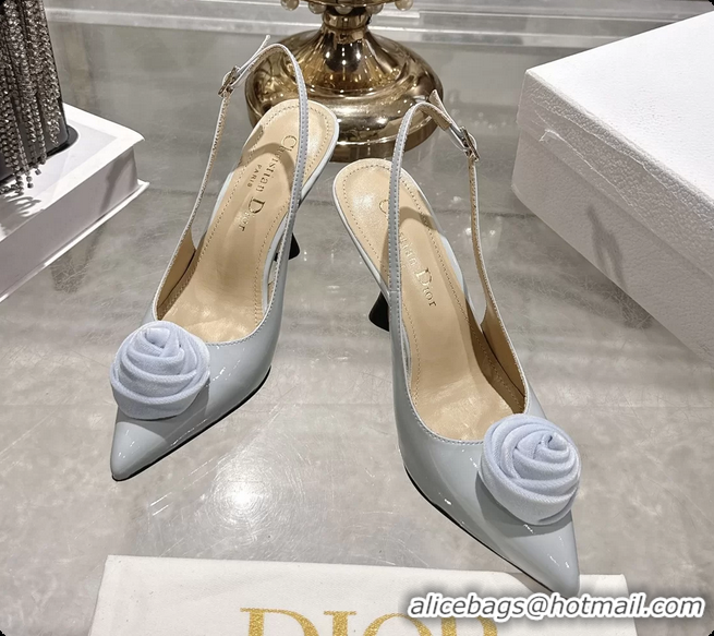 Pretty Style Dior Jadior Rose Flower Slingback Pumps Light Blue Patent Leather 95MM 6070209