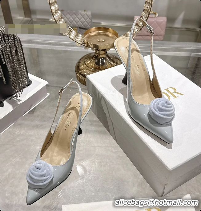Pretty Style Dior Jadior Rose Flower Slingback Pumps Light Blue Patent Leather 95MM 6070209