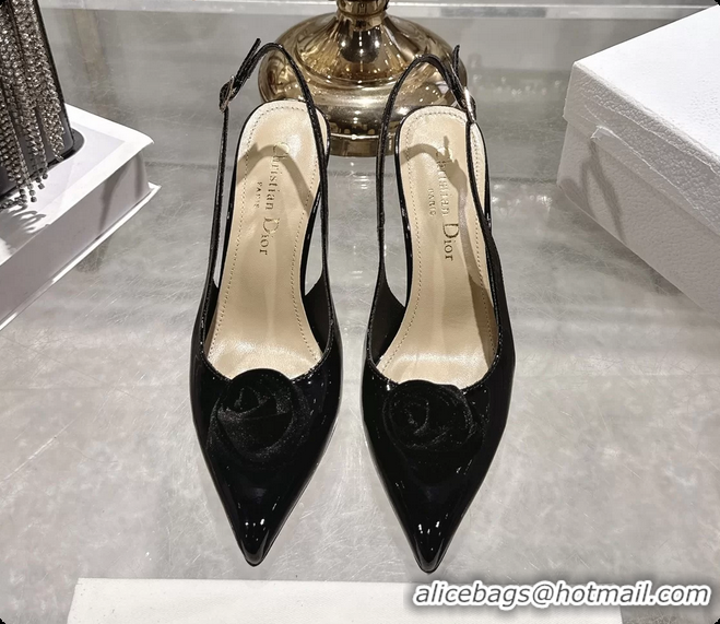 Grade Quality Dior Jadior Rose Flower Slingback Pumps Black Patent Leather 95MM 6070209