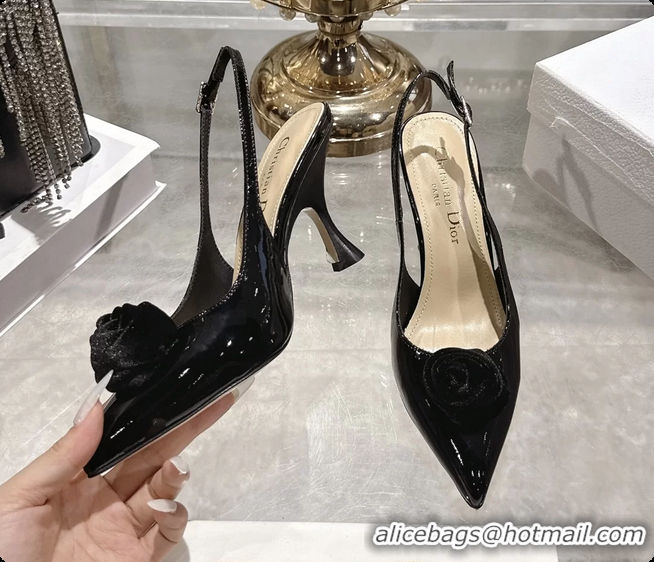 Grade Quality Dior Jadior Rose Flower Slingback Pumps Black Patent Leather 95MM 6070209