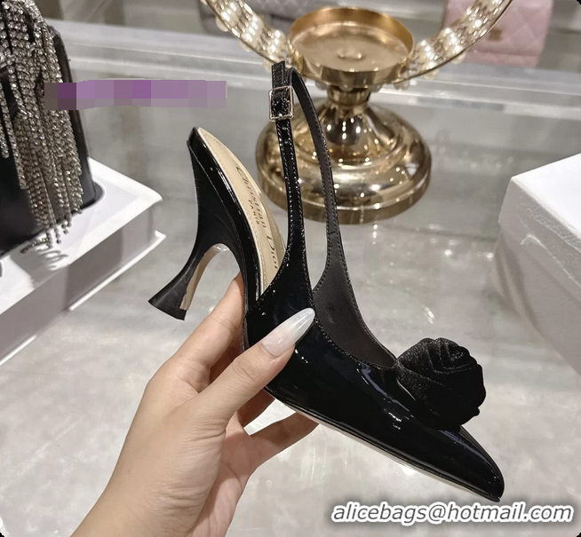 Grade Quality Dior Jadior Rose Flower Slingback Pumps Black Patent Leather 95MM 6070209