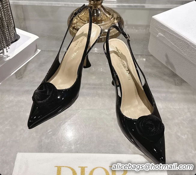 Grade Quality Dior Jadior Rose Flower Slingback Pumps Black Patent Leather 95MM 6070209