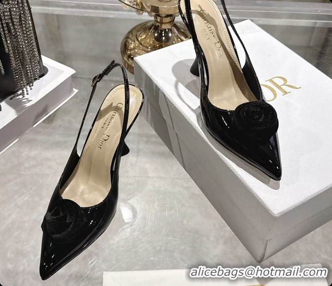 Grade Quality Dior Jadior Rose Flower Slingback Pumps Black Patent Leather 95MM 6070209