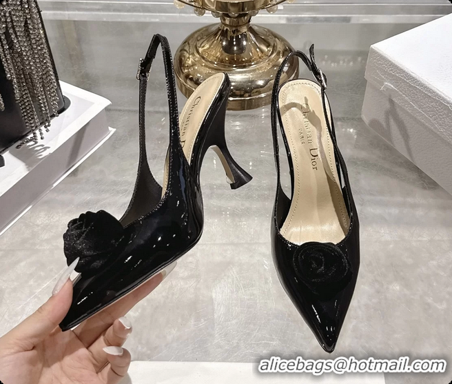 Grade Quality Dior Jadior Rose Flower Slingback Pumps Black Patent Leather 95MM 6070209