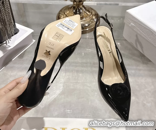 Grade Quality Dior Jadior Rose Flower Slingback Pumps Black Patent Leather 95MM 6070209