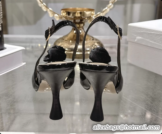 Grade Quality Dior Jadior Rose Flower Slingback Pumps Black Patent Leather 95MM 6070209