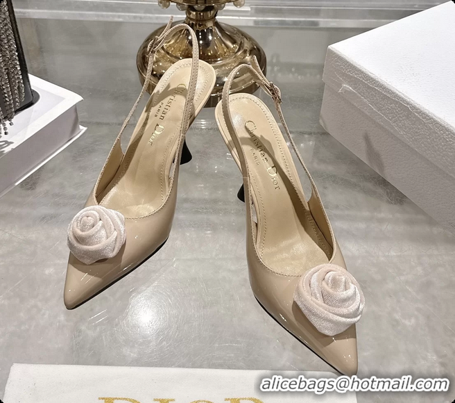 Best Grade Dior Jadior Rose Flower Slingback Pumps Beige Patent Leather 95MM 6070209