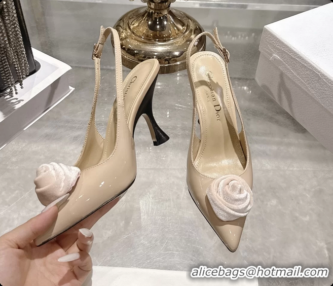Best Grade Dior Jadior Rose Flower Slingback Pumps Beige Patent Leather 95MM 6070209