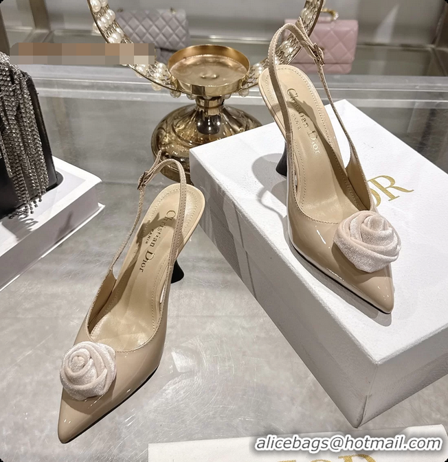 Best Grade Dior Jadior Rose Flower Slingback Pumps Beige Patent Leather 95MM 6070209