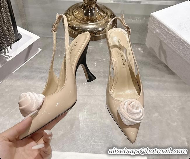Best Grade Dior Jadior Rose Flower Slingback Pumps Beige Patent Leather 95MM 6070209