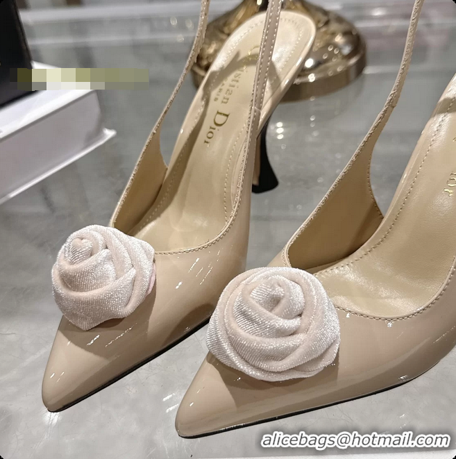 Best Grade Dior Jadior Rose Flower Slingback Pumps Beige Patent Leather 95MM 6070209