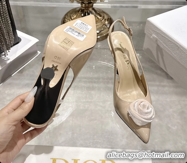 Best Grade Dior Jadior Rose Flower Slingback Pumps Beige Patent Leather 95MM 6070209