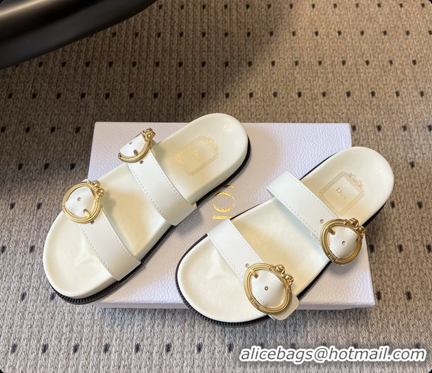Most Popular Dior Medaillon Buckle Flat Slides Sandals White Calfskin Leather 6070211