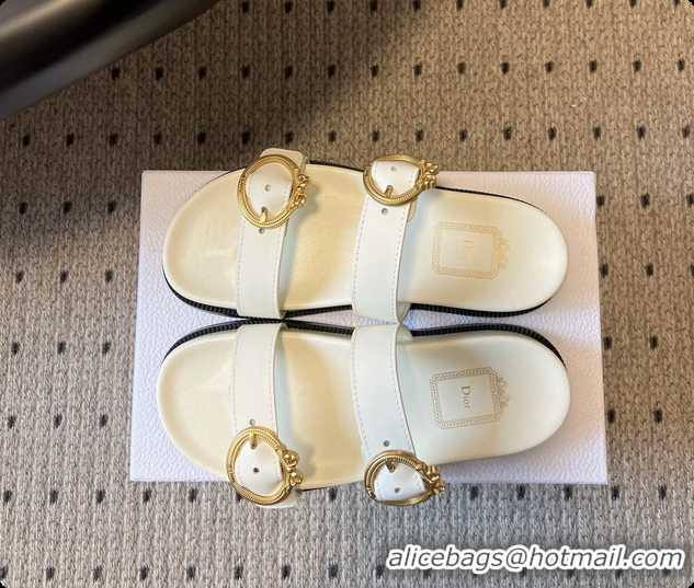 Most Popular Dior Medaillon Buckle Flat Slides Sandals White Calfskin Leather 6070211