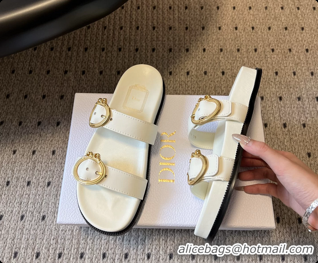 Most Popular Dior Medaillon Buckle Flat Slides Sandals White Calfskin Leather 6070211