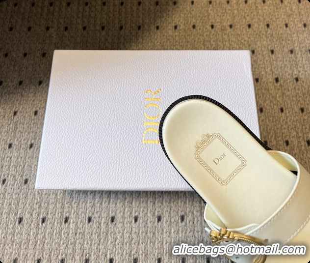 Most Popular Dior Medaillon Buckle Flat Slides Sandals White Calfskin Leather 6070211