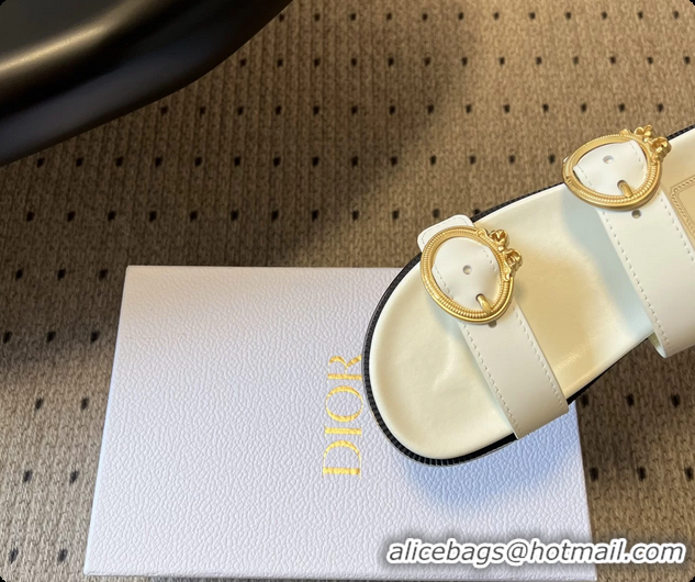 Most Popular Dior Medaillon Buckle Flat Slides Sandals White Calfskin Leather 6070211