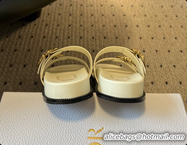 Most Popular Dior Medaillon Buckle Flat Slides Sandals White Calfskin Leather 6070211