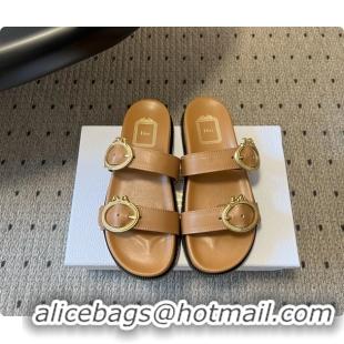 Discount Dior Medaillon Buckle Flat Slides Sandals Dark Beige Calfskin Leather 6070211