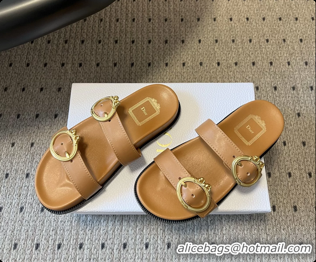 Discount Dior Medaillon Buckle Flat Slides Sandals Dark Beige Calfskin Leather 6070211
