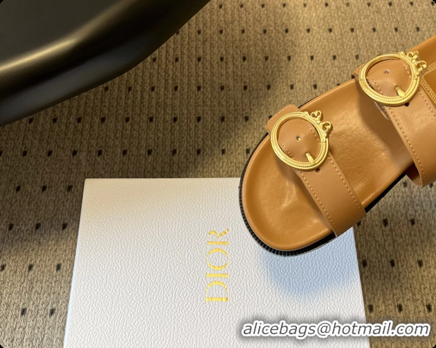 Discount Dior Medaillon Buckle Flat Slides Sandals Dark Beige Calfskin Leather 6070211