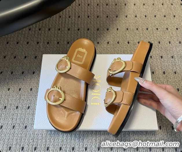 Discount Dior Medaillon Buckle Flat Slides Sandals Dark Beige Calfskin Leather 6070211