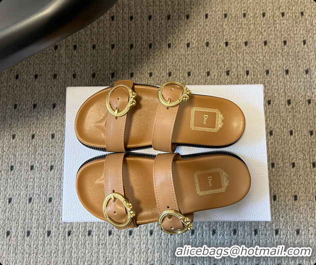 Discount Dior Medaillon Buckle Flat Slides Sandals Dark Beige Calfskin Leather 6070211